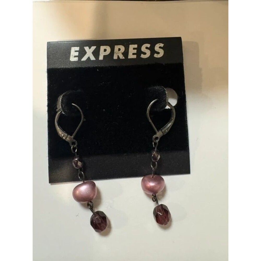 Vintage Express Pink Pearl & Purple Crystal Dangle Earrings NWT